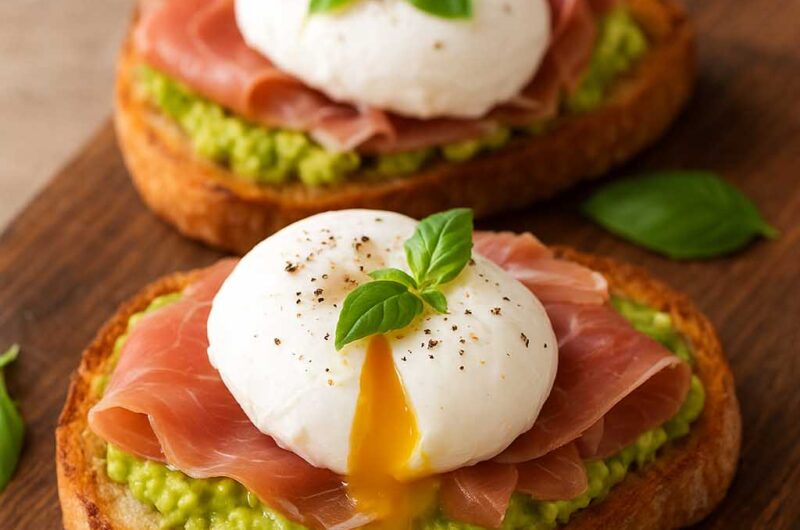 Avocado Bruschetta with Parma Ham and Poached Egg
