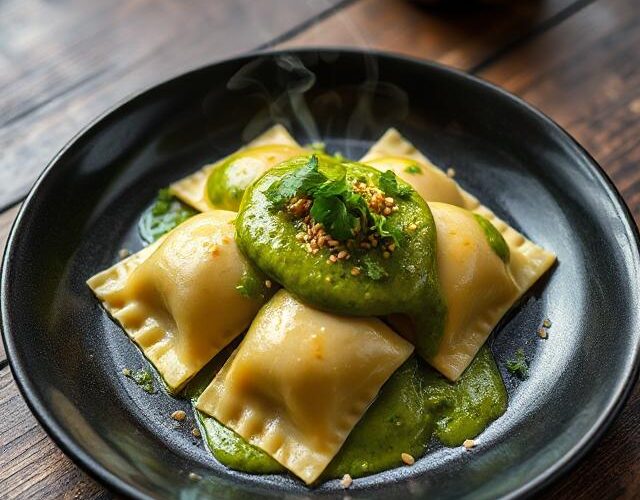 Kimchi Ravioli with Green Pepper Sauce