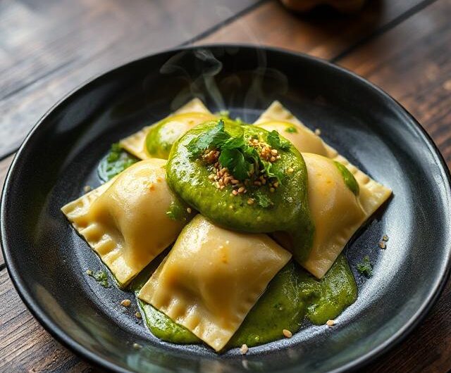 Kimchi Ravioli with Green Pepper Sauce