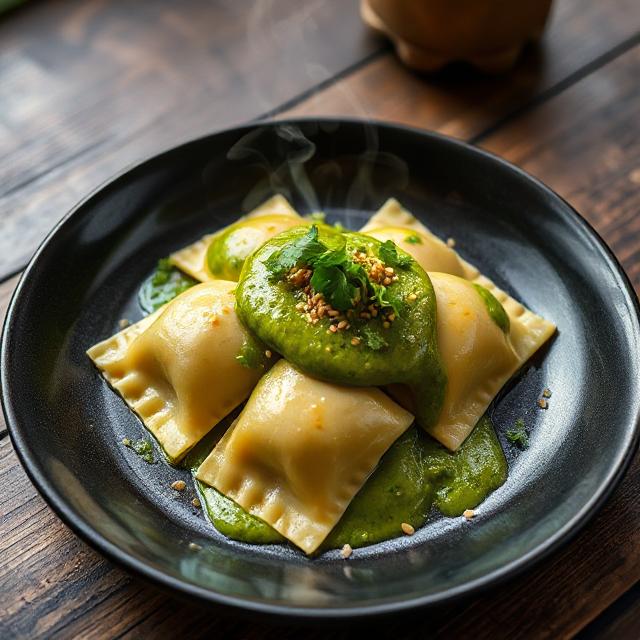 Kimchi Ravioli with Green Pepper Sauce